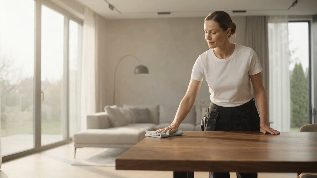 Profesional de limpieza repasando la mesa del comedor en un living amplio y luminoso