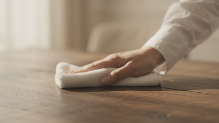 Detalle de una mano repasando con paño la superficie de una mesa de madera